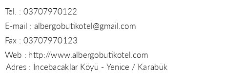 Albergo Butik Otel telefon numaralar, faks, e-mail, posta adresi ve iletiim bilgileri